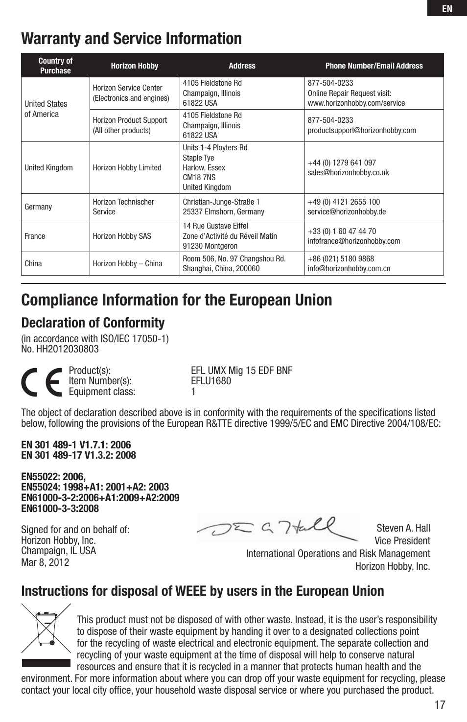 Compliance information for the european union, Warranty and service information, Declaration of conformity | E-flite UMX MiG 15 DF BNF User Manual | Page 17 / 20