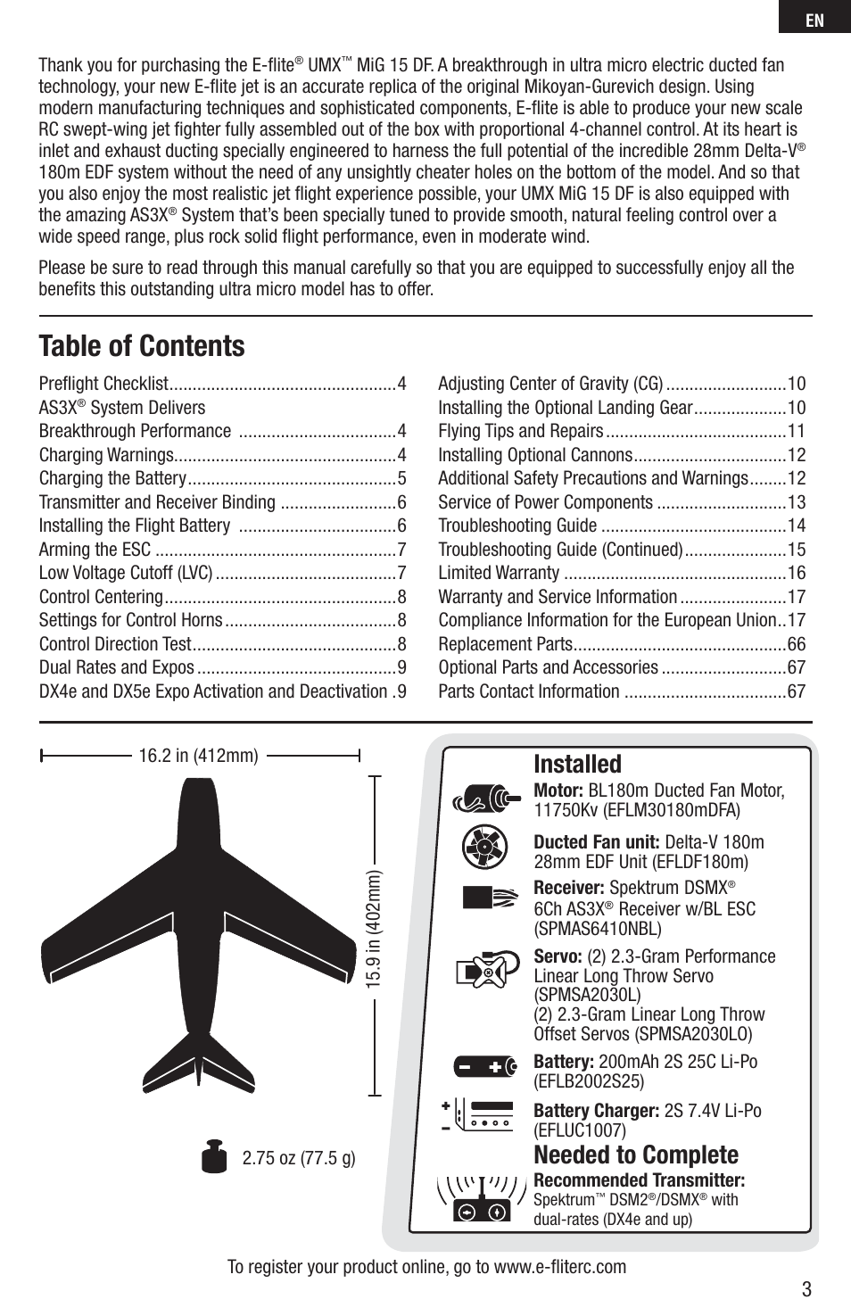 E-flite UMX MiG 15 DF BNF User Manual | Page 3 / 20