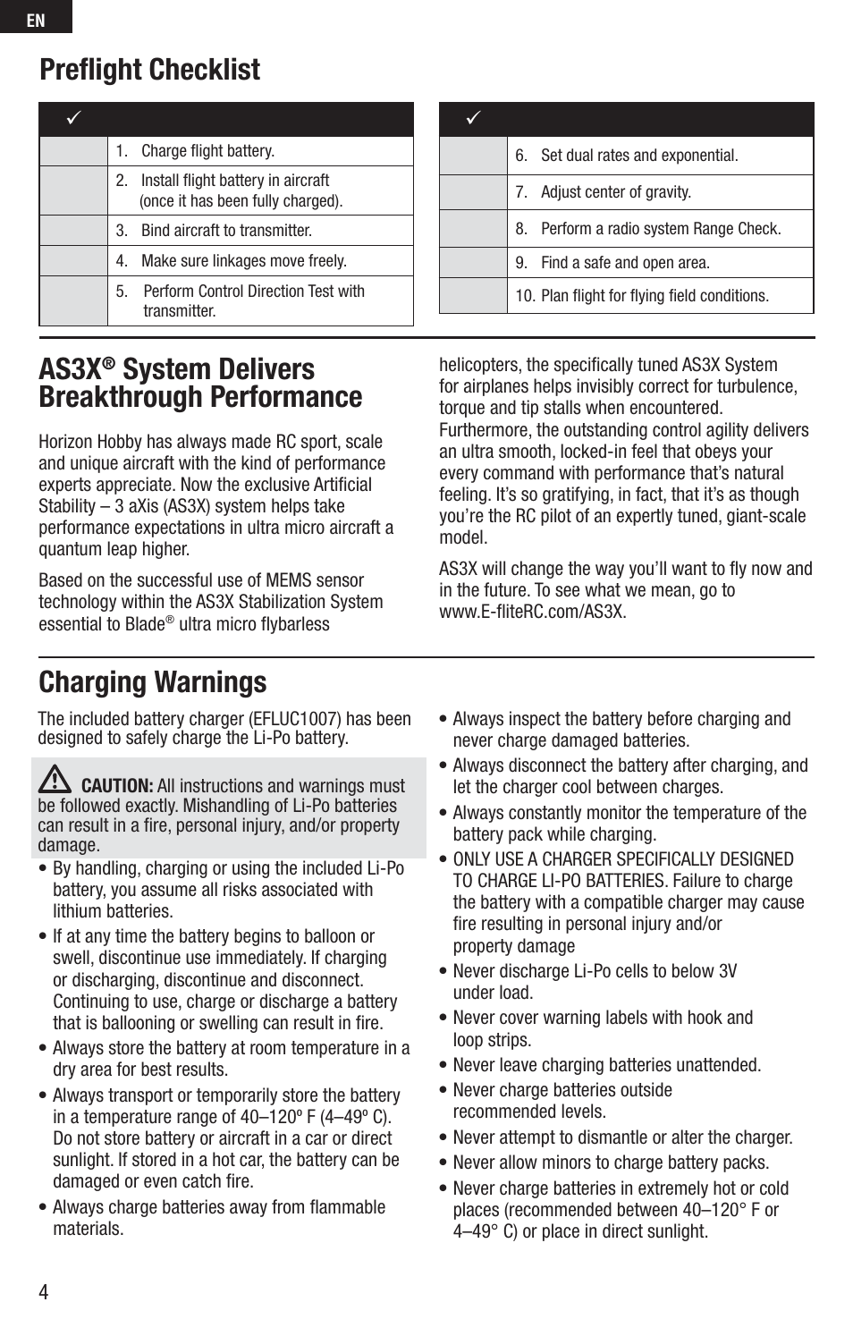 Preﬂ ight checklist, As3x, System delivers breakthrough performance | Charging warnings | E-flite UMX MiG 15 DF BNF User Manual | Page 4 / 20