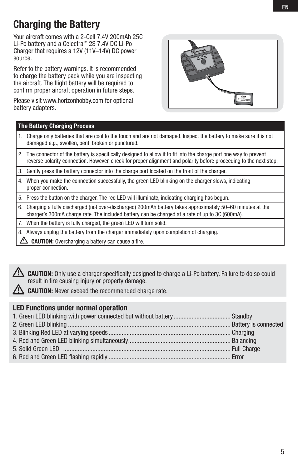 Charging the battery, Led functions under normal operation | E-flite UMX MiG 15 DF BNF User Manual | Page 5 / 20