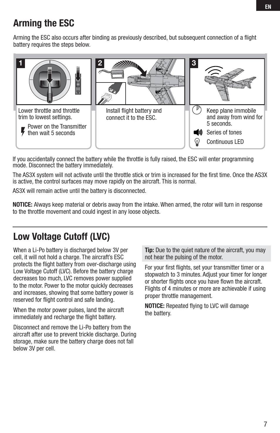 Arming the esc, Low voltage cutoff (lvc) | E-flite UMX MiG 15 DF BNF User Manual | Page 7 / 20