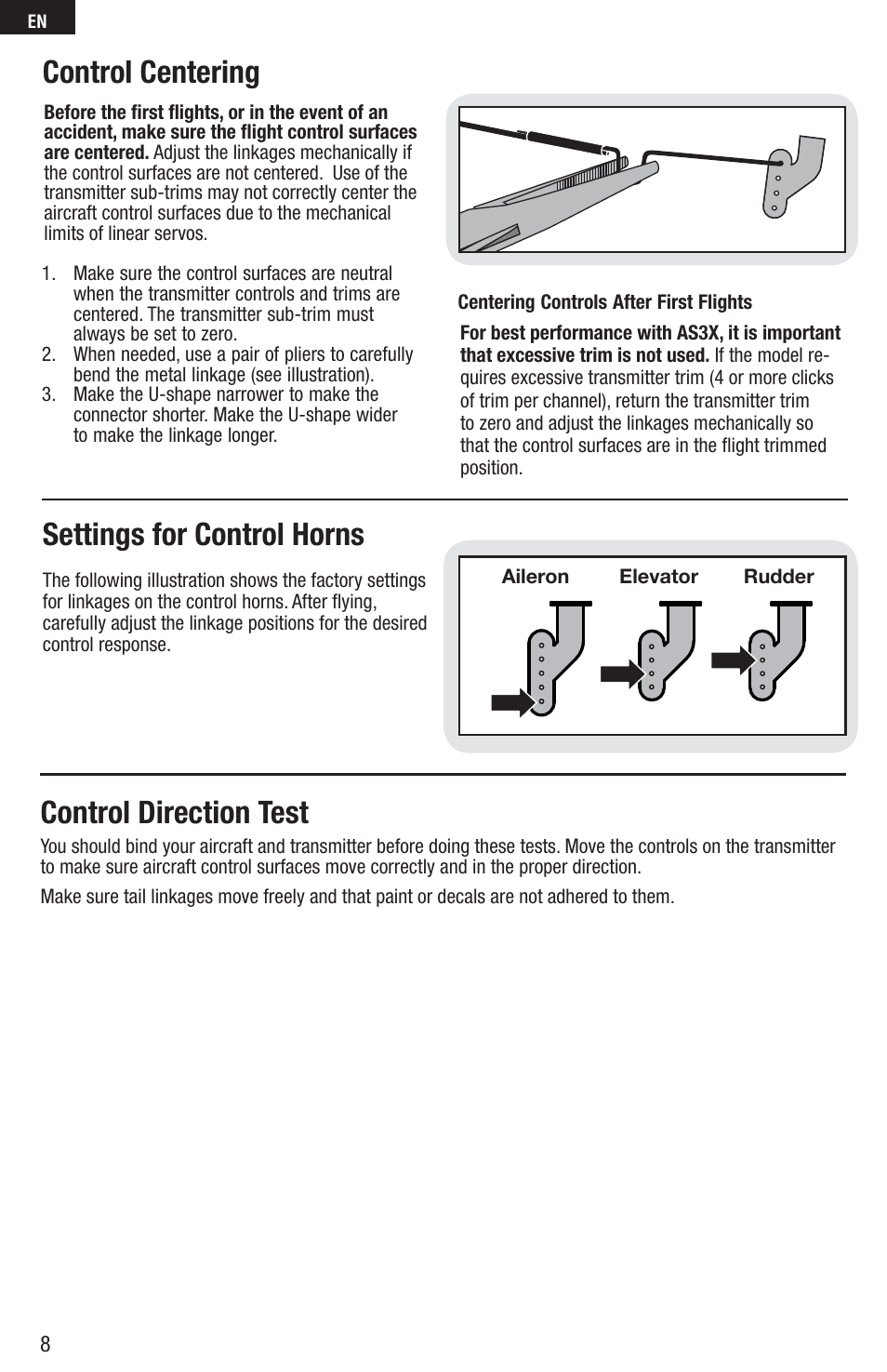 Control direction test settings for control horns, Control centering | E-flite UMX MiG 15 DF BNF User Manual | Page 8 / 20