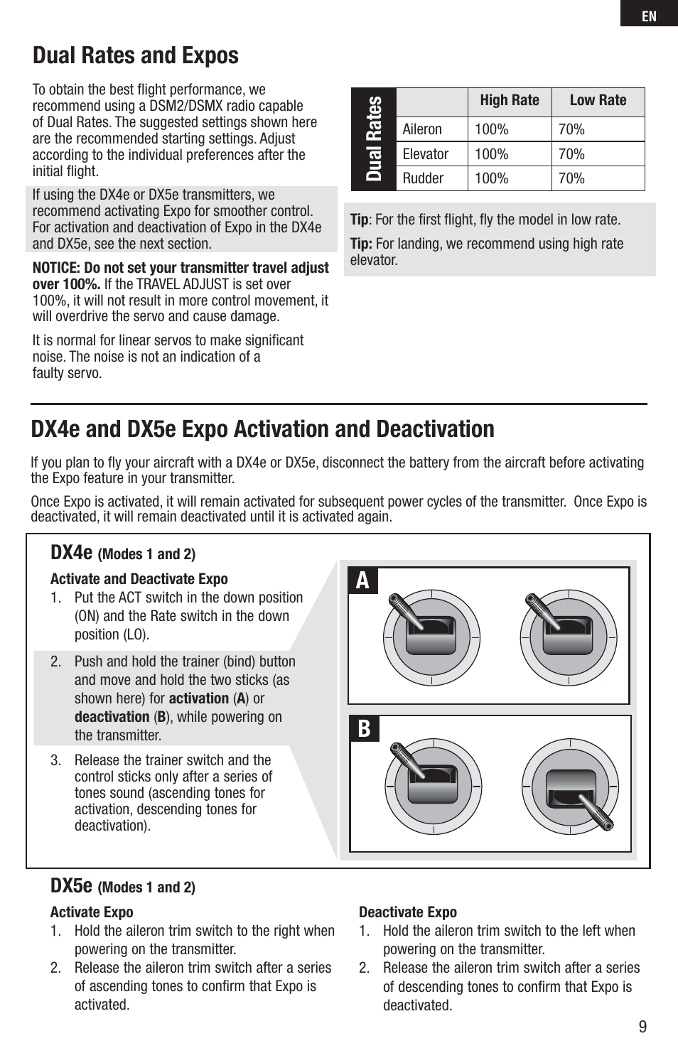 Dual rates and expos, Dx4e and dx5e expo activation and deactivation, Dual rates | Dx4e, Dx5e | E-flite UMX MiG 15 DF BNF User Manual | Page 9 / 20