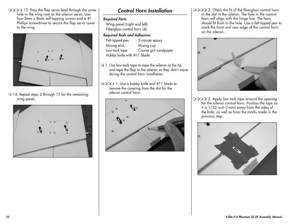 Control horn installation | E-flite F-4 Phantom 32 DF User Manual | Page 10 / 44