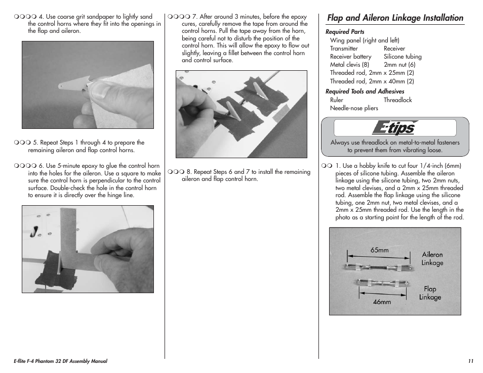 Flap and aileron linkage installation | E-flite F-4 Phantom 32 DF User Manual | Page 11 / 44