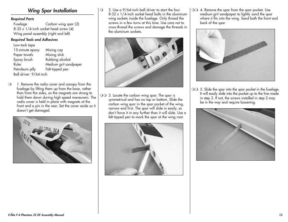 Wing spar installation | E-flite F-4 Phantom 32 DF User Manual | Page 13 / 44