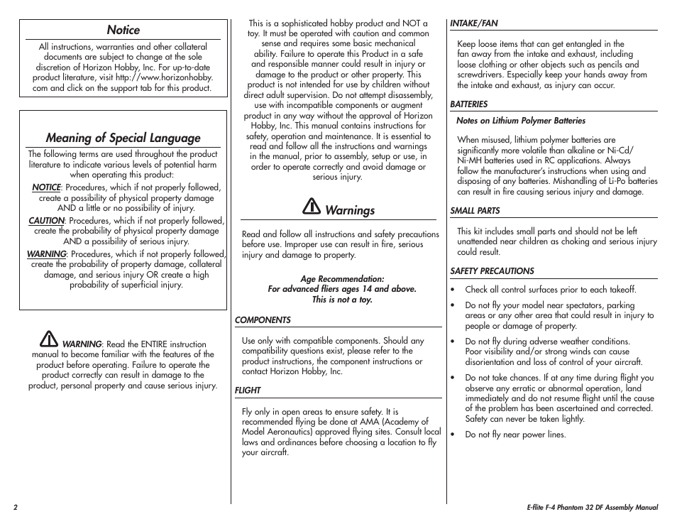 Notice, Meaning of special language, Warnings | E-flite F-4 Phantom 32 DF User Manual | Page 2 / 44