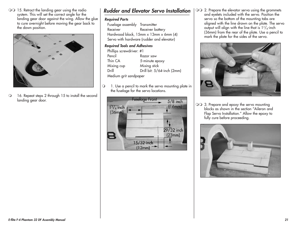 Rudder and elevator servo installation | E-flite F-4 Phantom 32 DF User Manual | Page 21 / 44