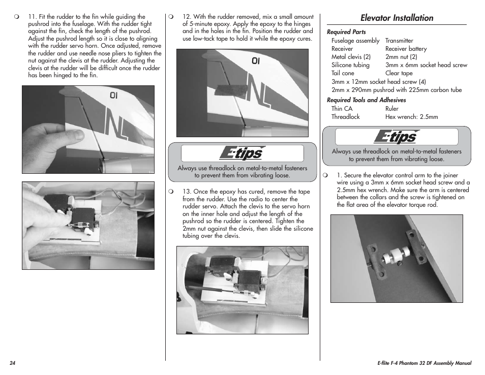 Elevator installation | E-flite F-4 Phantom 32 DF User Manual | Page 24 / 44