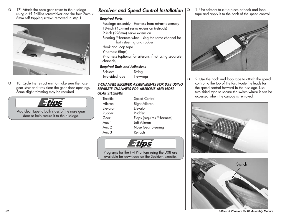 Receiver and speed control installation | E-flite F-4 Phantom 32 DF User Manual | Page 32 / 44