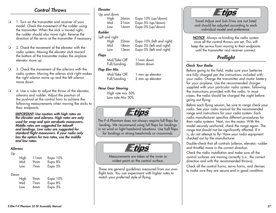 Control throws, Preflight | E-flite F-4 Phantom 32 DF User Manual | Page 37 / 44