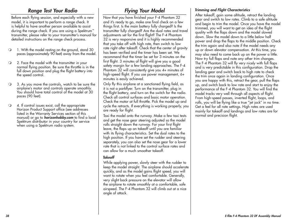 Range test your radio, Flying your model | E-flite F-4 Phantom 32 DF User Manual | Page 38 / 44