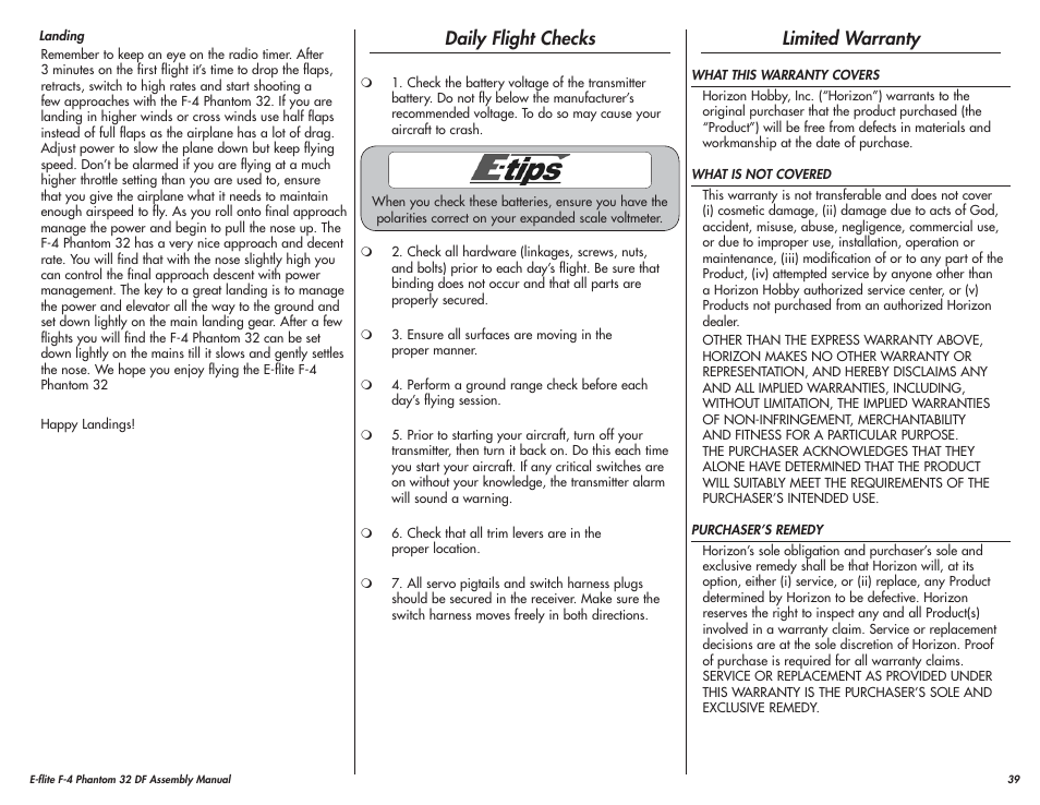 Daily flight checks, Limited warranty | E-flite F-4 Phantom 32 DF User Manual | Page 39 / 44