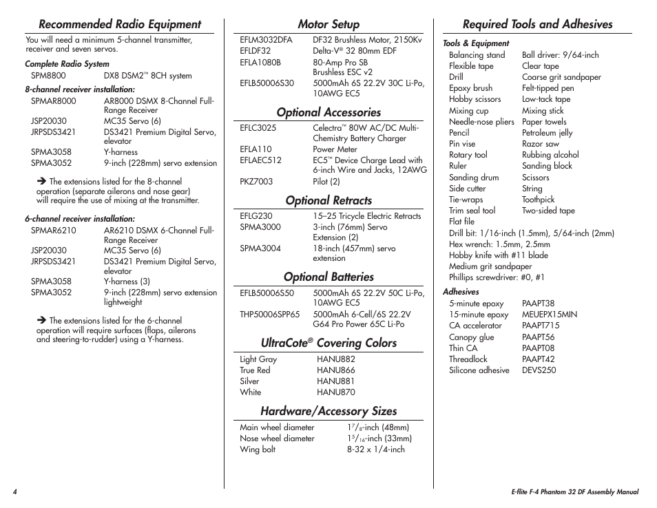 Recommended radio equipment, Motor setup, Optional accessories | Optional retracts, Optional batteries, Ultracote, Covering colors, Hardware/accessory sizes, Required tools and adhesives | E-flite F-4 Phantom 32 DF User Manual | Page 4 / 44