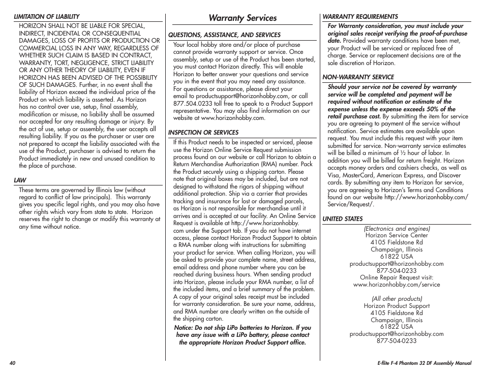 Warranty services | E-flite F-4 Phantom 32 DF User Manual | Page 40 / 44