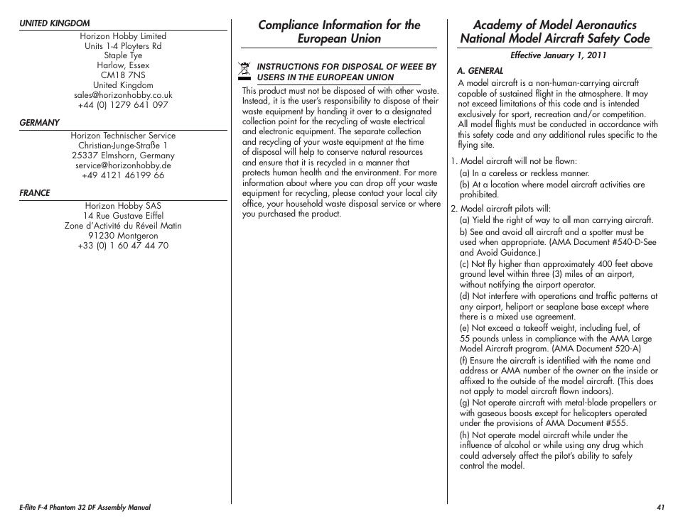 Compliance information for the european union | E-flite F-4 Phantom 32 DF User Manual | Page 41 / 44