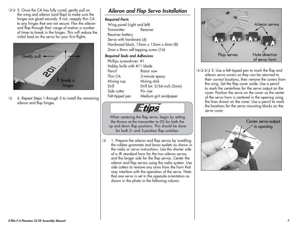 Aileron and flap servo installation | E-flite F-4 Phantom 32 DF User Manual | Page 7 / 44