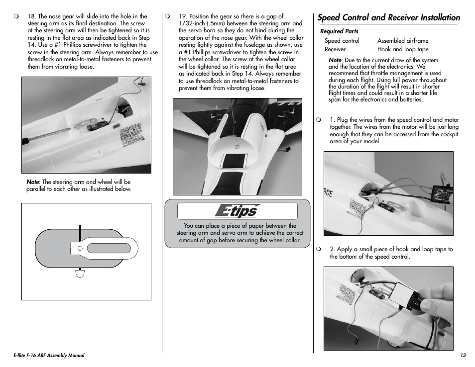 Speed control and receiver installation | E-flite F-16 400 DF ARF w/Motor & Fan Unit User Manual | Page 13 / 24