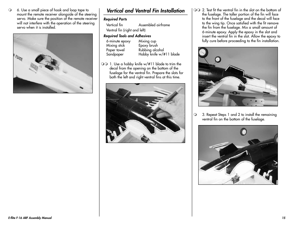 Vertical and ventral fin installation | E-flite F-16 400 DF ARF w/Motor & Fan Unit User Manual | Page 15 / 24