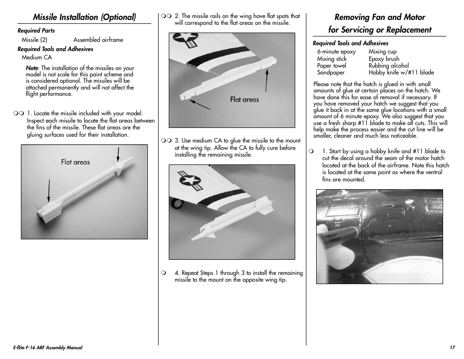 Missile installation (optional) | E-flite F-16 400 DF ARF w/Motor & Fan Unit User Manual | Page 17 / 24