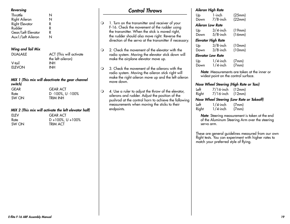 Control throws | E-flite F-16 400 DF ARF w/Motor & Fan Unit User Manual | Page 19 / 24