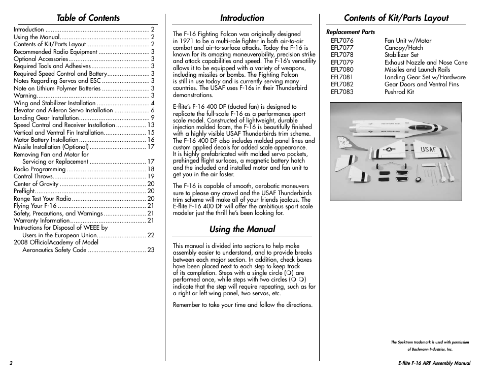 E-flite F-16 400 DF ARF w/Motor & Fan Unit User Manual | Page 2 / 24