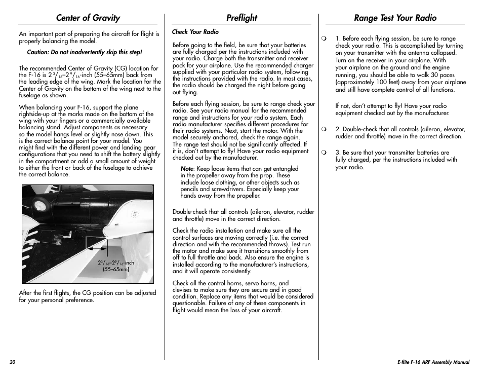 Center of gravity, Preflight, Range test your radio | E-flite F-16 400 DF ARF w/Motor & Fan Unit User Manual | Page 20 / 24