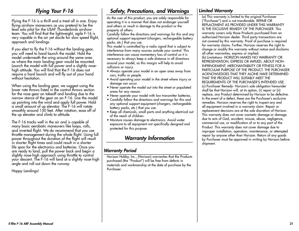 Flying your f-16, Safety, precautions, and warnings, Warranty information | E-flite F-16 400 DF ARF w/Motor & Fan Unit User Manual | Page 21 / 24