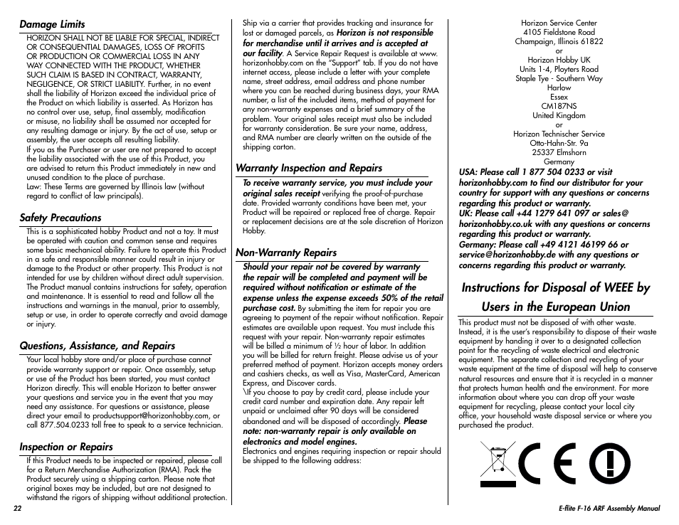 E-flite F-16 400 DF ARF w/Motor & Fan Unit User Manual | Page 22 / 24