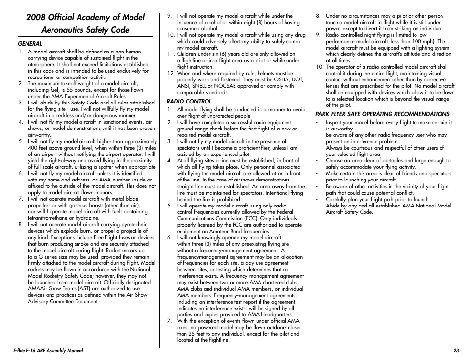 E-flite F-16 400 DF ARF w/Motor & Fan Unit User Manual | Page 23 / 24