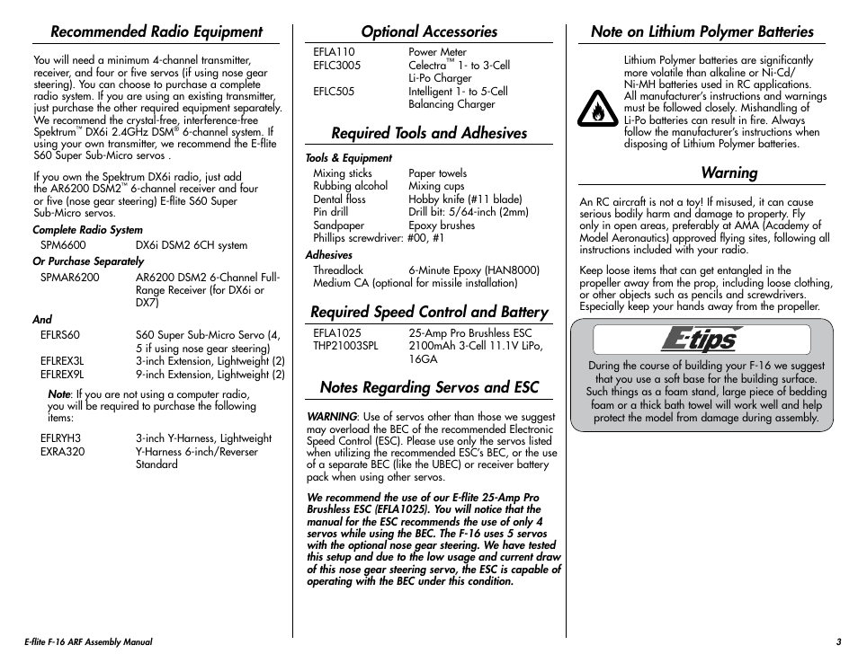 Recommended radio equipment, Optional accessories, Required tools and adhesives | Required speed control and battery, Notes regarding servos and esc, Note on lithium polymer batteries, Warning | E-flite F-16 400 DF ARF w/Motor & Fan Unit User Manual | Page 3 / 24