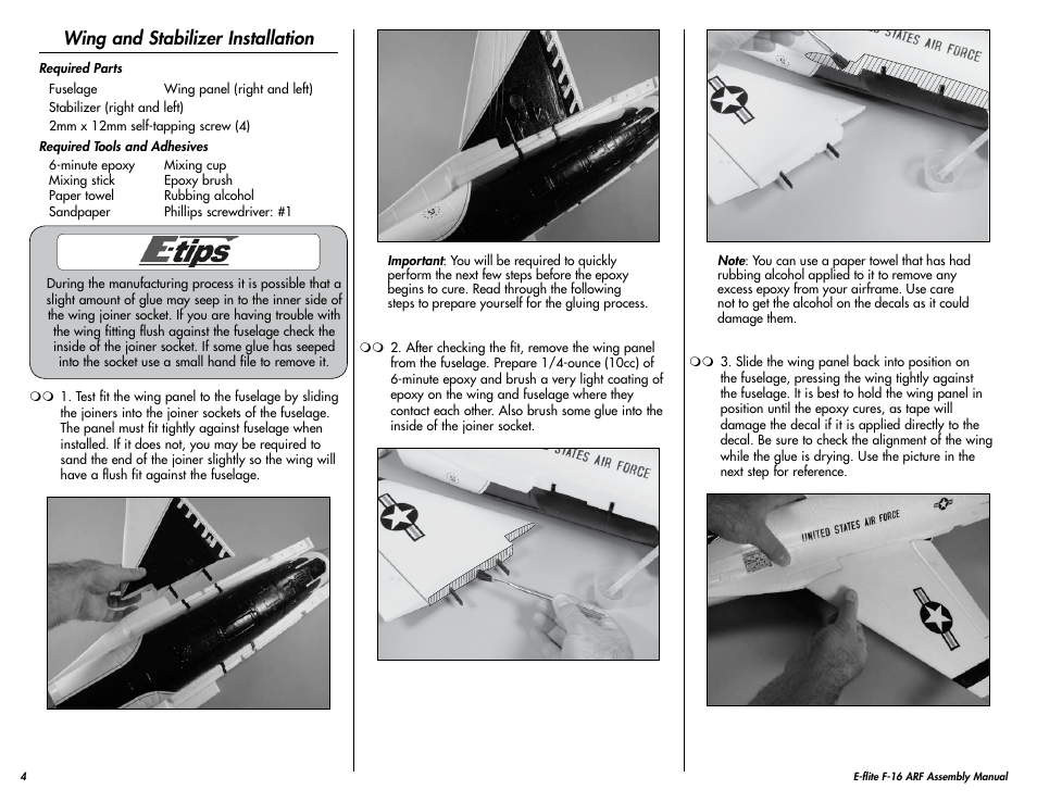 Wing and stabilizer installation | E-flite F-16 400 DF ARF w/Motor & Fan Unit User Manual | Page 4 / 24