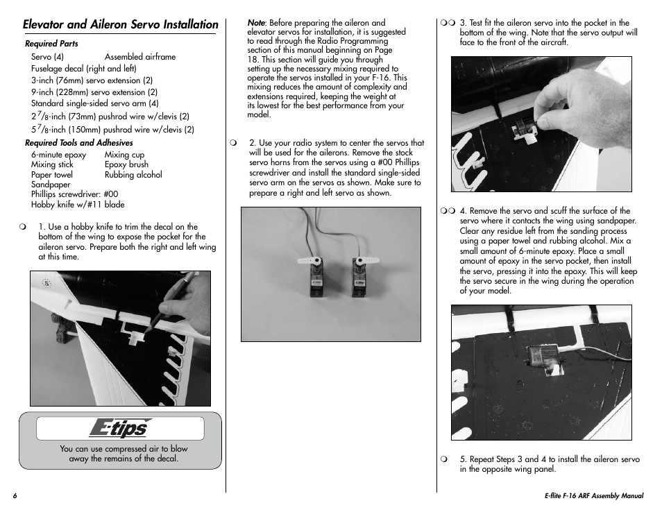 Elevator and aileron servo installation | E-flite F-16 400 DF ARF w/Motor & Fan Unit User Manual | Page 6 / 24