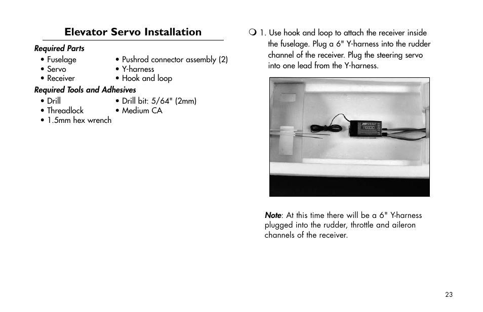 Elevator servo installation | E-flite Super Airliner DF ARF User Manual | Page 23 / 36