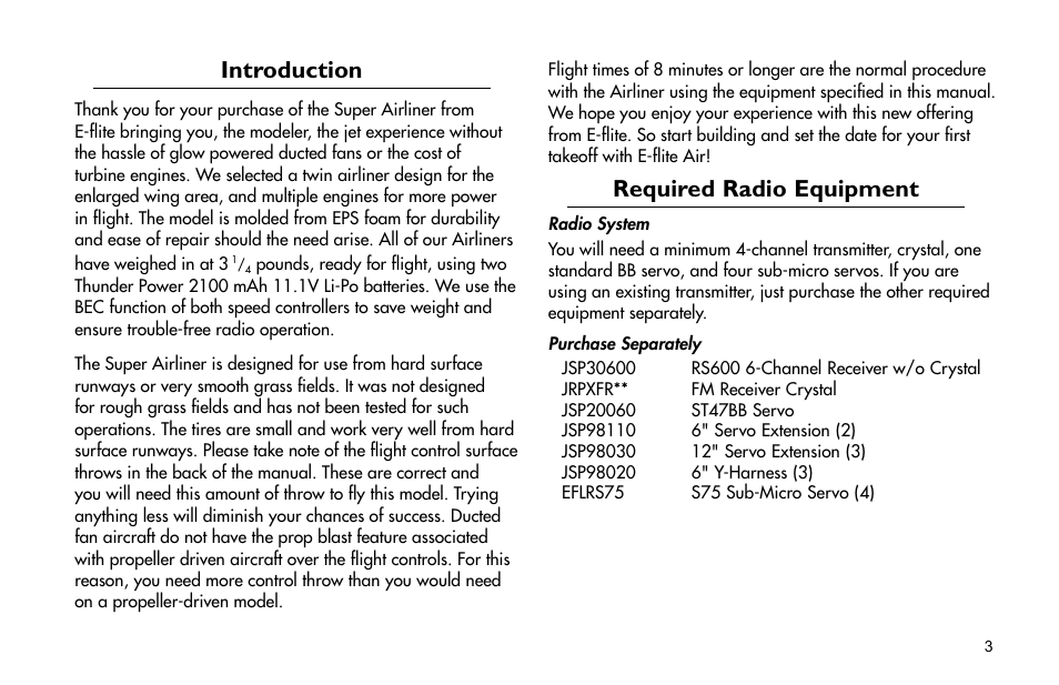 Introduction, Required radio equipment | E-flite Super Airliner DF ARF User Manual | Page 3 / 36