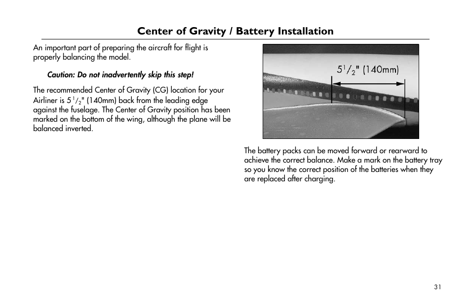 Center of gravity / battery installation | E-flite Super Airliner DF ARF User Manual | Page 31 / 36