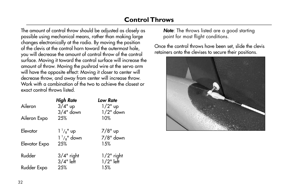 Control throws | E-flite Super Airliner DF ARF User Manual | Page 32 / 36