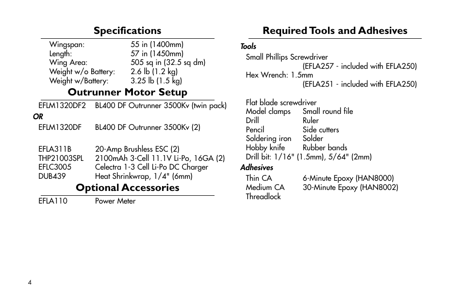 Required tools and adhesives, Specifications, Outrunner motor setup | Optional accessories | E-flite Super Airliner DF ARF User Manual | Page 4 / 36