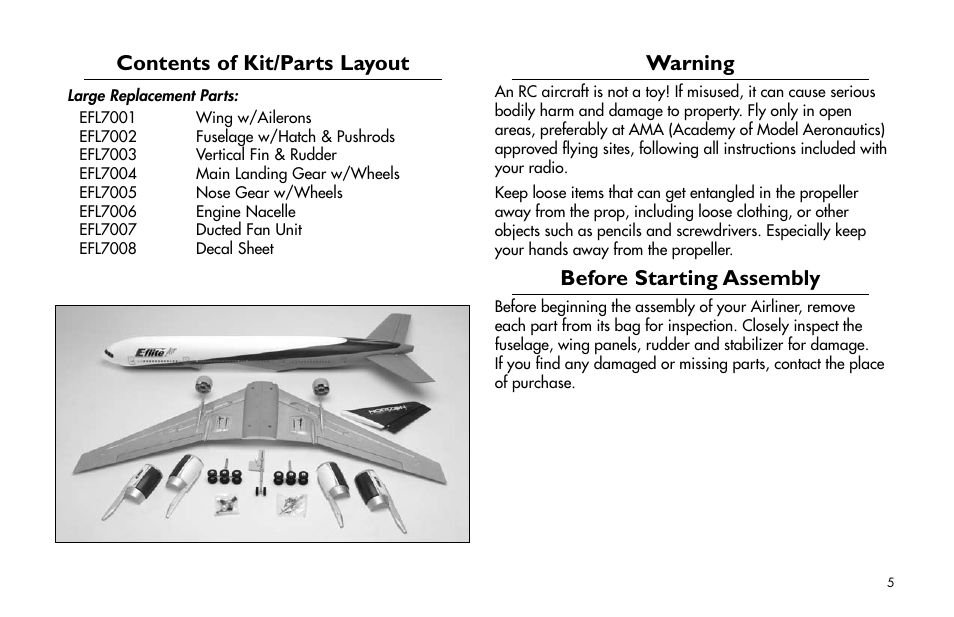 Warning, Before starting assembly, Contents of kit/parts layout | E-flite Super Airliner DF ARF User Manual | Page 5 / 36