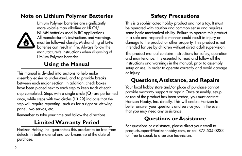 Using the manual, Limited warranty period, Safety precautions | Questions, assistance, and repairs, Questions or assistance | E-flite Super Airliner DF ARF User Manual | Page 6 / 36