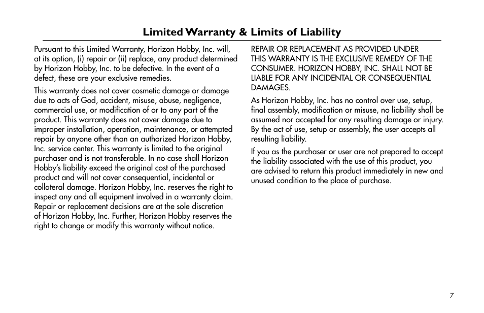 Limited warranty & limits of liability | E-flite Super Airliner DF ARF User Manual | Page 7 / 36