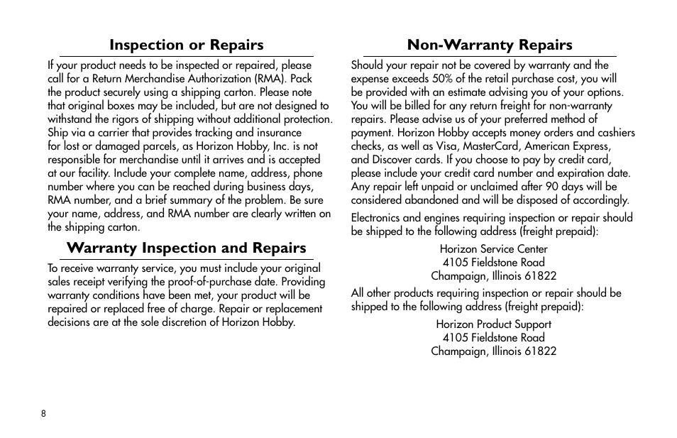 Inspection or repairs, Warranty inspection and repairs, Non-warranty repairs | E-flite Super Airliner DF ARF User Manual | Page 8 / 36