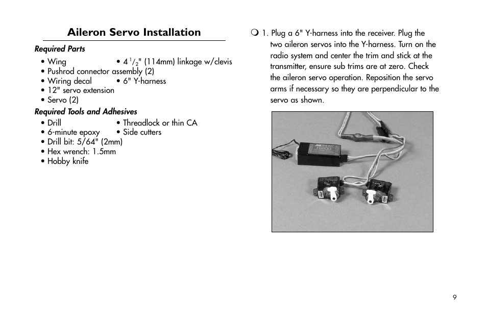 Aileron servo installation | E-flite Super Airliner DF ARF User Manual | Page 9 / 36