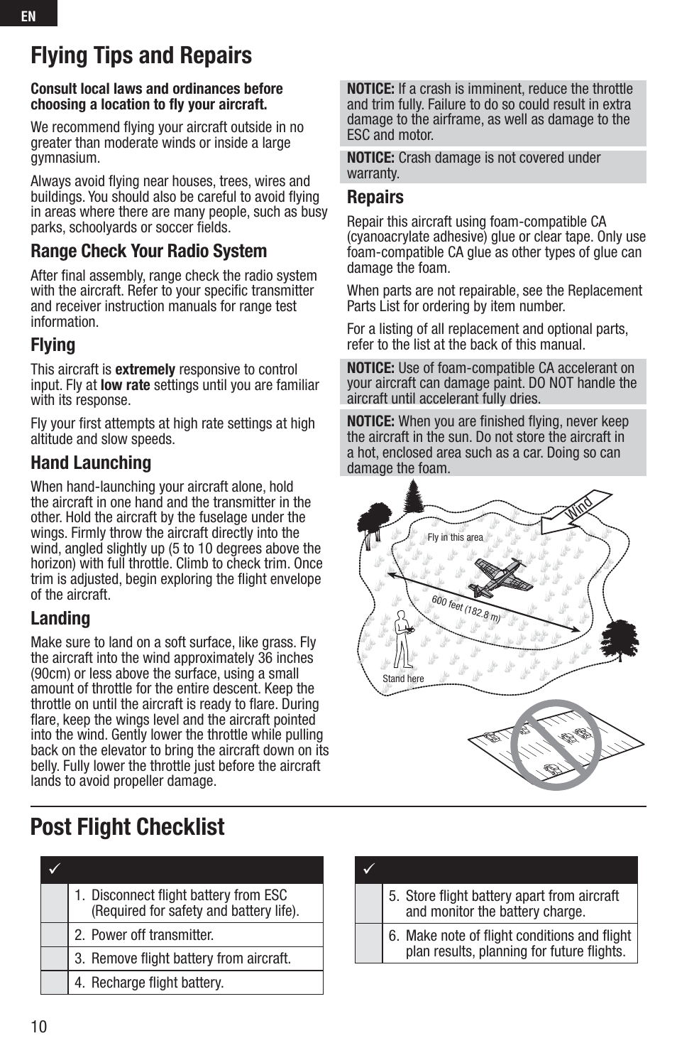 Flying tips and repairs, Post flight checklist, Range check your radio system | Flying, Hand launching, Landing, Repairs | E-flite P-51D Mustang 280 BNF Basic User Manual | Page 10 / 17