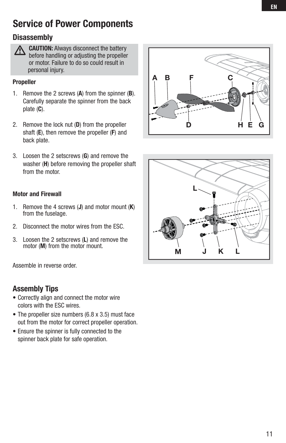 Service of power components, Disassembly, Assembly tips | E-flite P-51D Mustang 280 BNF Basic User Manual | Page 11 / 17