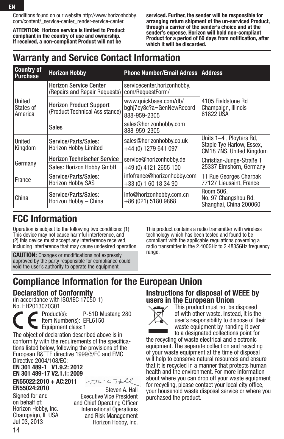 Compliance information for the european union, Warranty and service contact information, Fcc information | Declaration of conformity | E-flite P-51D Mustang 280 BNF Basic User Manual | Page 14 / 17