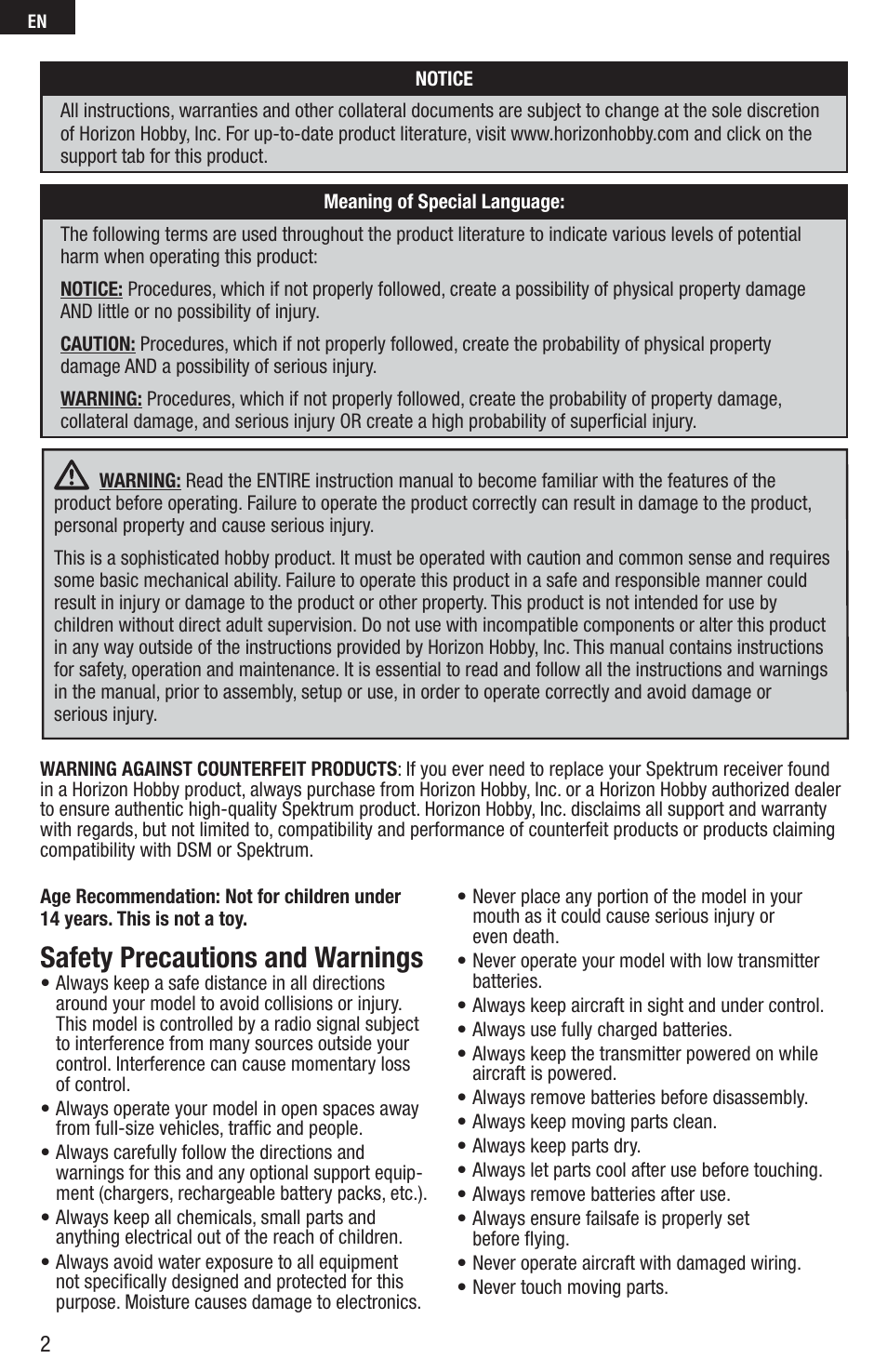 Safety precautions and warnings | E-flite P-51D Mustang 280 BNF Basic User Manual | Page 2 / 17