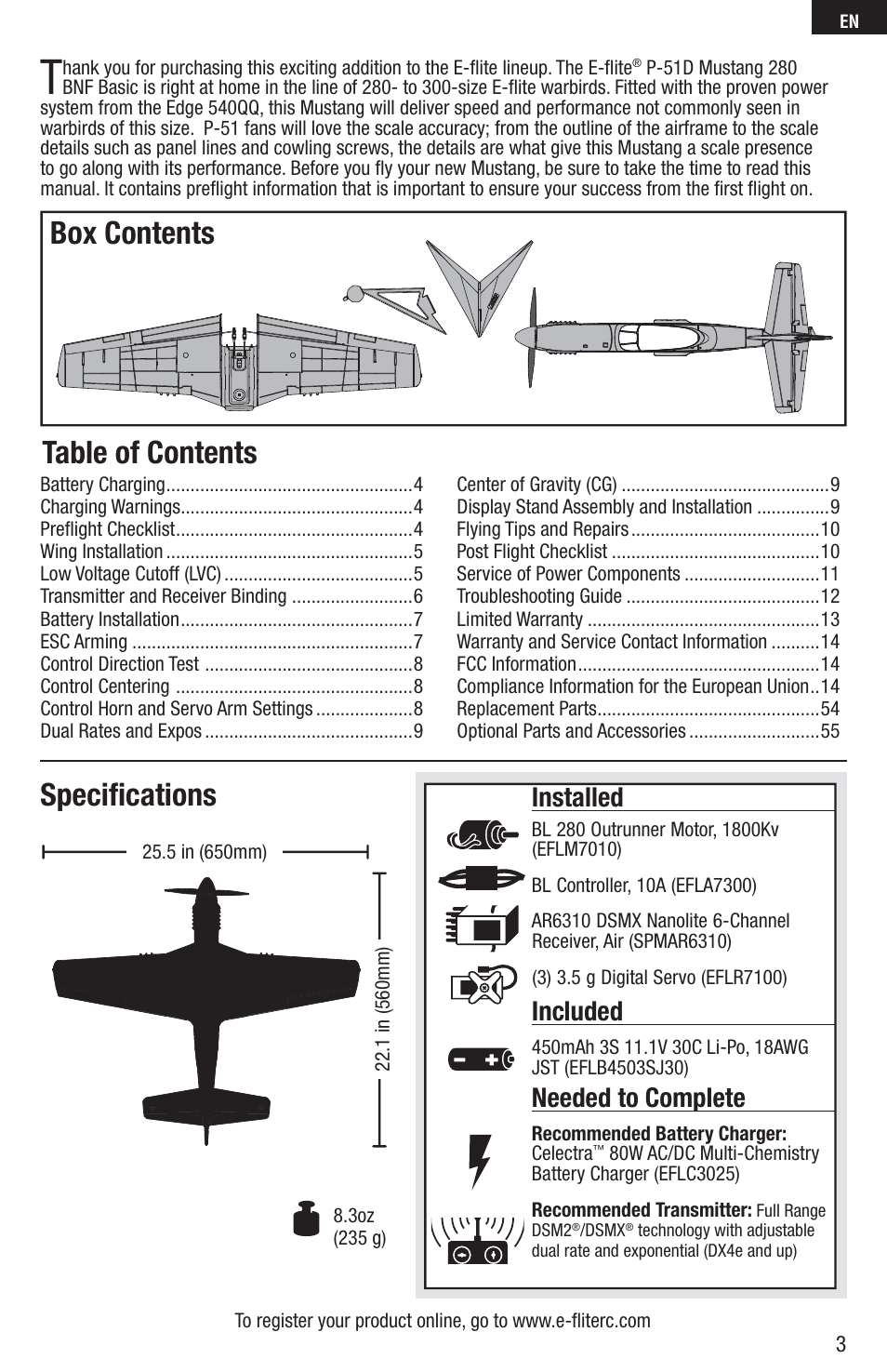 E-flite P-51D Mustang 280 BNF Basic User Manual | Page 3 / 17