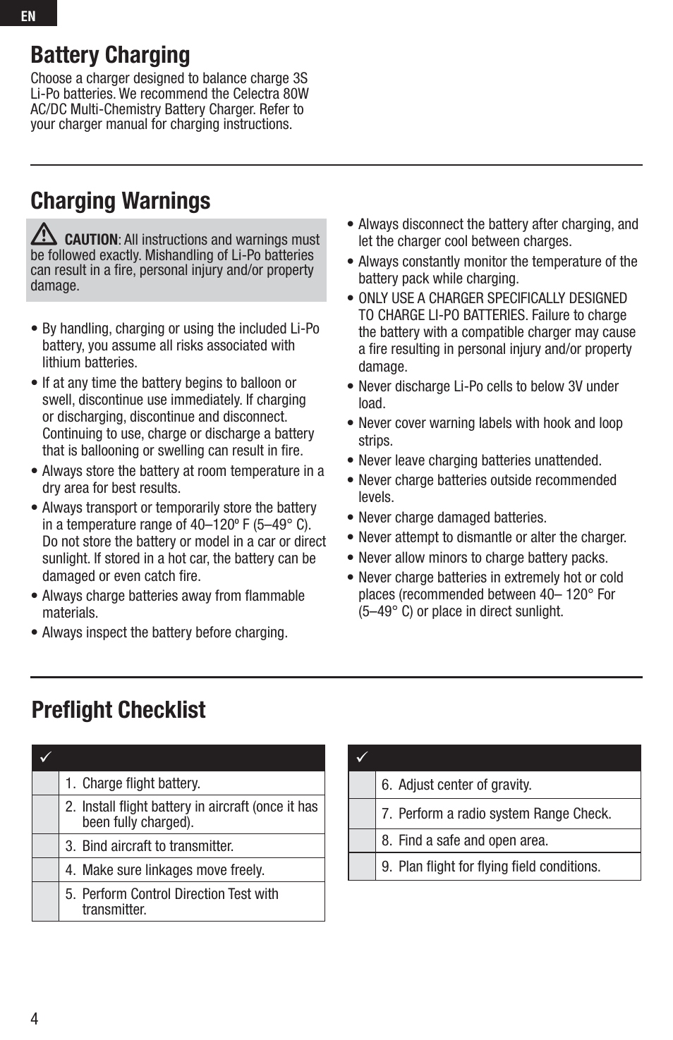 Preﬂ ight checklist, Charging warnings battery charging | E-flite P-51D Mustang 280 BNF Basic User Manual | Page 4 / 17