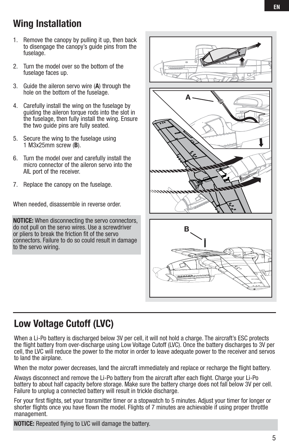 Wing installation, Low voltage cutoff (lvc) | E-flite P-51D Mustang 280 BNF Basic User Manual | Page 5 / 17